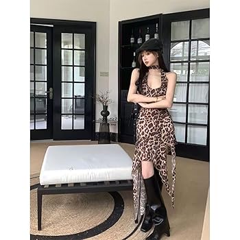 NCDUANSAN Gothic Leopard Print Retro Dress, Irregular Neck